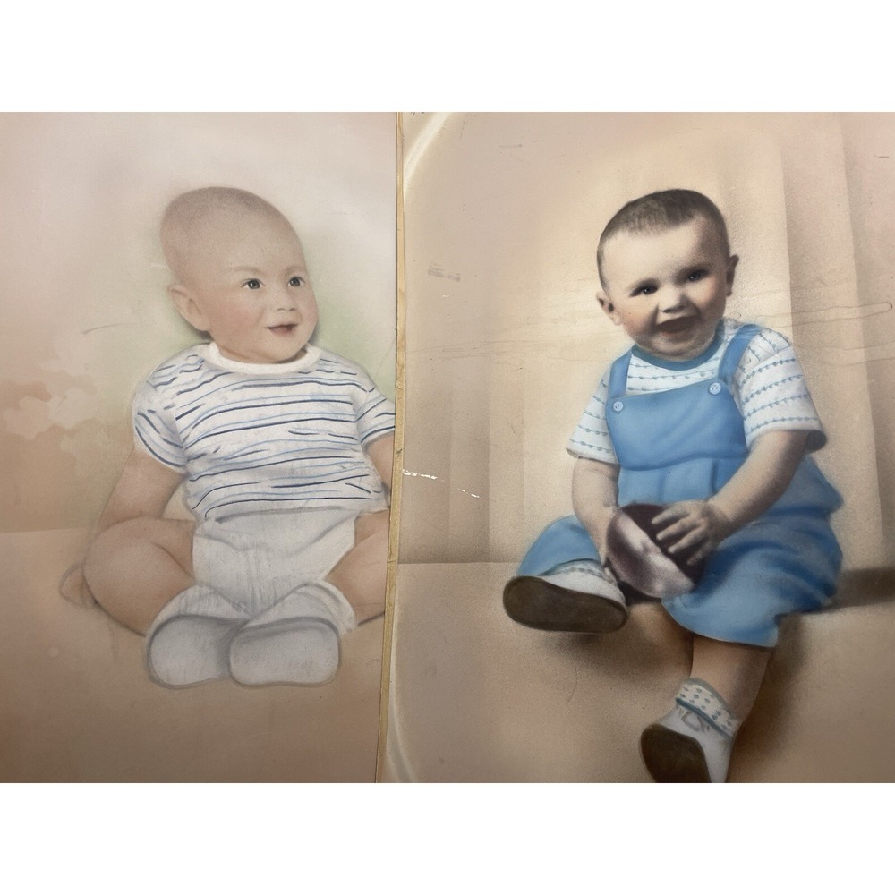 ANTIQUE 100+ YEARS OLD HANDPAINTED OIL STUDIO BABY PORTRAIT 1919 & 1921 (10x16")